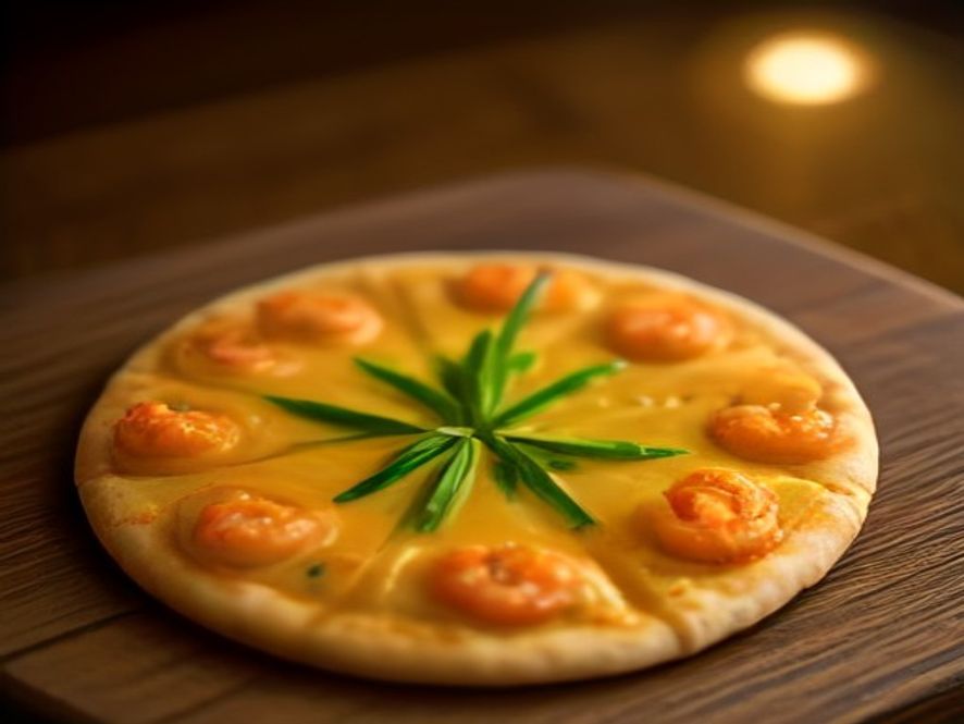 Pizza de camarão com camarões visíveis da Araujo Pizzaria e Esfiharia